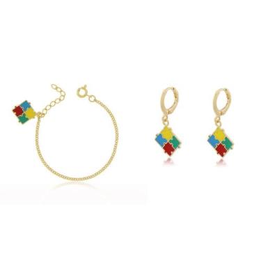 Imagem de Kit Brinco Pulseira infantil símbolo autista quebra cabeça Folheado a 