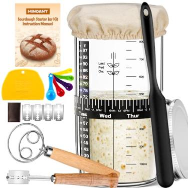 Imagem de Kit inicial de massa fermentada de vidro com capa de pano e tampa de metal, faixa de rastreador, termômetro, raspador de jarra, lame, batedor de massa, suprimentos para assar pão