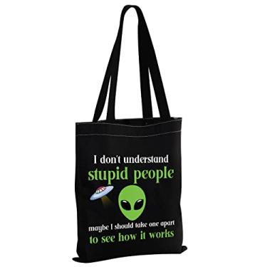Imagem de MBMSO Sacola Alienígena I don't Understand Stupid People Presentes Alienígenas Divertidos para Alien Lover Believer Alien Canvas Shopping Bag, Stupid People Alien Tb-preto, Medium