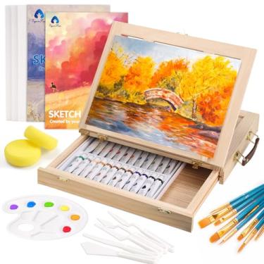 Imagem de Conjunto de materiais de pintura, kit de pintura em aquarela de 49 peças com cavalete de mesa de madeira, inclui tintas para aquarela, pincéis, paleta, painéis de tela e blocos de pintura, para