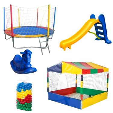 Imagem de Kit Cama Elástica 2,30 + Piscina De Bolinhas 1,50m + 500 Bolinhas + Escorregador Médio + Gangorra 1 Lugar