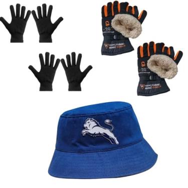 Imagem de Luva Básica, Luva de Moto Forrada, Chapeu Bucket (2 Luva Preta + 2 Luva de Moto Laranja + 1 Chapeu Azul)