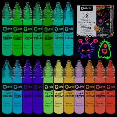 Imagem de Artecho Tinta que brilha no escuro 18 cores, 11 ml de tinta acrílica para decoração, artesanato em ambientes externos e internos, suprimentos para tela, rocha, madeira, pigmentos ricos à prova d'água