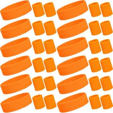 Imagem de Bememo Conjunto de 36 faixas de suor neon para crianças presentes de fim de ano a granel 24 pulseiras esportivas, 12 tiaras de tênis, faixa de suor esportiva infantil (laranja)