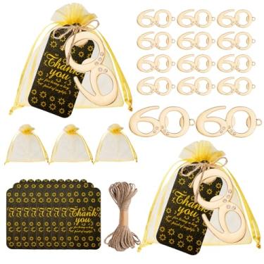 Imagem de Uezea Abridor de cerveja de 60 anos com sacos e cartões, lembranças de aniversário para convidados (60 chaveiros, abridor de garrafas, 25 peças)