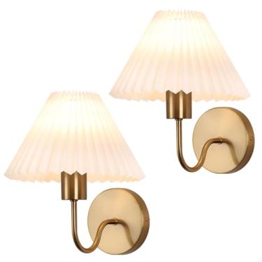 Imagem de KELUOLY Conjuntos De 2 Arandelas De Parede Douradas Escovadas, Abajur De Tecido Plissado Branco, Iluminação De Luminária De Parede Em Formato De Pescoço De Ganso Para Ambientes Internos, Cômoda De B