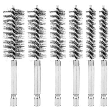Imagem de 6 peças de escovas de aço inoxidável, escova de arame para furadeira com haste sextavada de 1/10.2 cm, escova de limpeza de tubos de cobre para furadeira elétrica