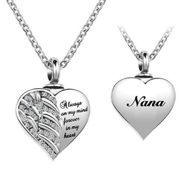 Imagem de LuxglitterLin Joias de cremação com asas de anjo da guarda para cinzas, coração, urna de cristal, colares para cinzas, memorial, lembrança, colar Always on Mind Forever in My Heart, Aço inoxidável,