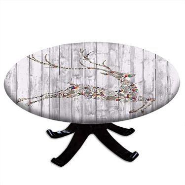 Imagem de Toalha de mesa redonda de veado, silhueta de animal colorido, vários elementos de Natal, tema de pranchas de madeira, borda elástica, para mesas de jantar, festas self-service e acampamento, adequada