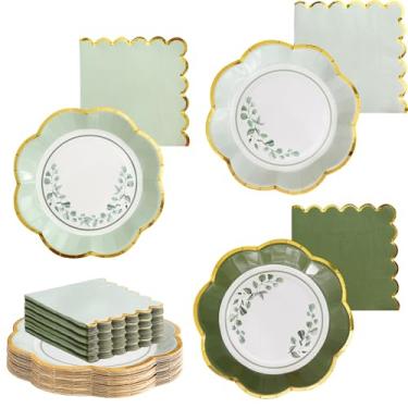 Imagem de Pratos e guardanapos de papel verde sálvia – Pacote com 24 – Pratos descartáveis para jardim, chá de bebê, chá de bebê, casamento, aniversário
