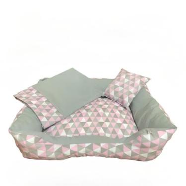 Imagem de Cama cachorro medio caminha pet 60 x 50 com ziper lavavel fundo impermeavel +almofadinha(rosa/cinza 2 (M) geometrica)