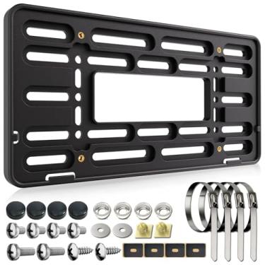 Imagem de FBJTDQ Suporte de placa de carro frontal atualizado - Adaptador de suporte de etiqueta de carro de plástico para para-choques dianteiros de 2 furos, com parafusos de placa de licença e 4 laços de aço