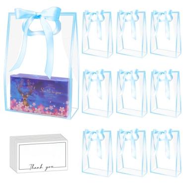 Imagem de Pacote com 15 sacos de presente de plástico transparente com alça, sacolas reutilizáveis de PP para presente com fita para casamento, festa de aniversário, chá de bebê, formatura, compras, negócios