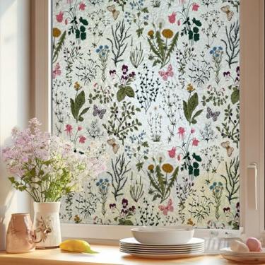 Imagem de Runtoo Película de privacidade para janela fosco vintage floral janela adesivos 3D banheiro decorativo vitral boho flores silvestres decalques adesivo estático capa de porta não adesivo, 43 x 101 cm