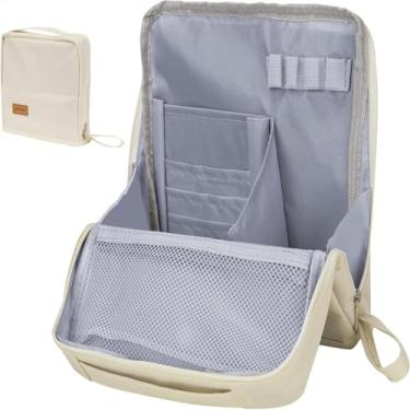 Imagem de Bolsa de maquiagem em pé – portátil, grande capacidade, impermeável, multifuncional, sacos de higiene pessoal com compartimentos, organizador de papelaria com compartimentos, bege