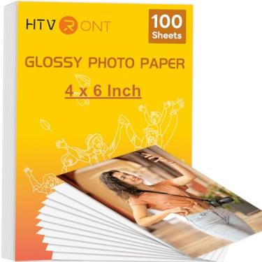 Imagem de HTVRONT Papel fotográfico brilhante 4 x 6 a 100 folhas de papel de secagem instantânea compatível com impressora jato de tinta, 180 gsm/21,8 kg, papel para festa, acampamento, festival