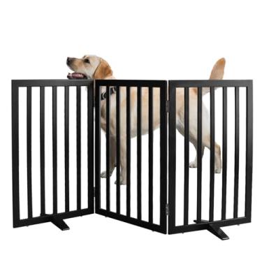 Imagem de ZJSF Portão interno independente para cães para casa, portão dobrável de madeira para filhotes, portão de animais de estimação para escadas, cerca extra larga para animais de estimação, preto, 81 cm