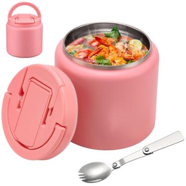 Imagem de Garrafa térmica de sopa de 737 g para comida quente infantil isolada a vácuo com tampa de fivela, recipiente de almoço de aço inoxidável à prova de vazamento de boca larga com colher-rosa