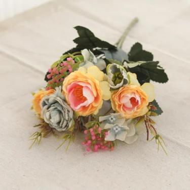 Imagem de Arranjo de flores artificiais de seda, buquê de peônias, vaso, flores falsas para casa, casamento, jardim, sala, decoração faça você mesmo, acessórios para festa (amarelo)