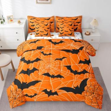 Imagem de Erosebridal Jogo de cama solteiro de Halloween com 7 peças, cama de morcego gótico em uma bolsa, conjunto de cama de morcego preto voando inclui edredom, conjunto de lençóis, fronhas e fronhas