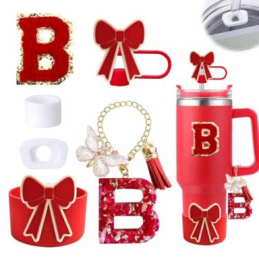 Imagem de Conjunto de acessórios de copo vermelho de 6 peças para copo Stanley Cup de 850 g 1,134 g com alça, incluindo tampa de cobertura de palha de silicone e bota de laço, tampa à prova de derramamento