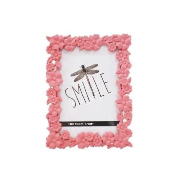 Imagem de Porta Retrato De Plástico Rosa Flores 1 Foto Enfeite 10X15Cm