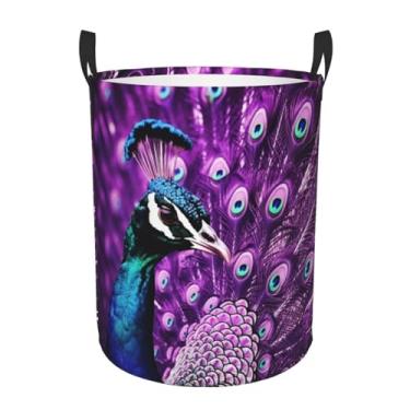 Imagem de Cesto de lavanderia de pavão roxo dobrável à prova d'água cesto de armazenamento de roupas com alças pano oxford organizador de brinquedos cesta para banheiro, lavanderia, quarto, pequeno