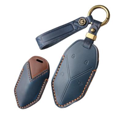 Imagem de HIBEYO Capa de chaveiro de couro adequada para BYD Equation Leopard 5 2023 2024 Acessórios de carro Keyless Smart Key Shell adequado para BYD com protetor de chaveiro (azul)