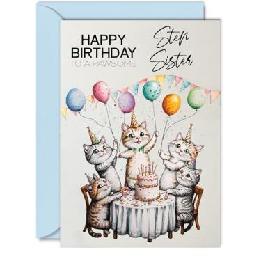 Imagem de Cartão de aniversário Step Sister - Balões de gatos de festa pawsome - Cartão de feliz aniversário para irmã passo do irmão, cartões comemorativos de aniversário de gato fêmea A5