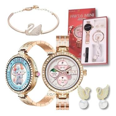 Imagem de Relógio Smartwatch Feminino HW16 com Brincos + Bracelete - Com iOS/Android, IP67, Telas Personalizáveis, Cartão de acesso NFC, Diversos Modos Esportivos