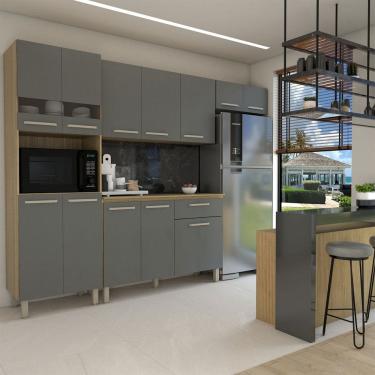 Imagem de Armário de Cozinha com Balcão Obliviate 12 Portas 1 Gaveta com Vidro Freijó/Gris - Panorama Móveis