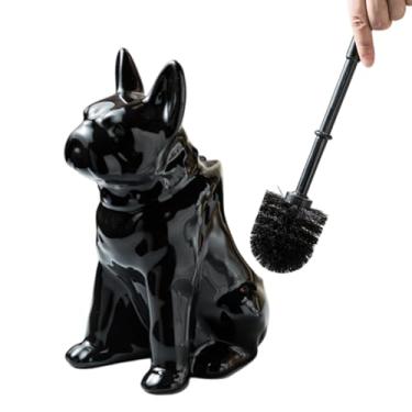 Imagem de Comeon Conjunto de escova de vaso sanitário e suporte de cerâmica para cães branco/preto, escova de limpeza de plástico para limpeza de banheiro, 34,8 cm x 16 cm (preto)