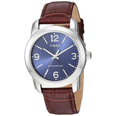 Imagem de Relógio masculino Timex TW2R86800 clássico 39 mm marrom/tom prata/azul com pulseira de couro com padrão croco