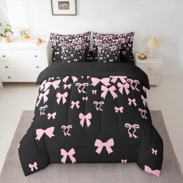 Imagem de jejeloiu Conjunto de edredom com laço fofo, 7 peças, solteiro, aquarela, para crianças, meninos, meninas, preto, rosa, coquete, laço, decoração de quarto de microfibra macia