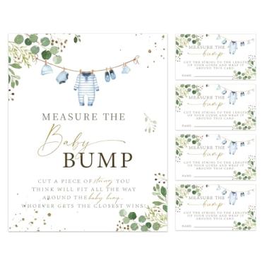 Imagem de Whaline Jogos de chá de bebê, 50 peças, folhas de eucalipto, medem as cartas de barriga de bebê com sinal de quão grande é a barriga da mamãe cartas de jogo para suprimentos de lembrancinhas de festa