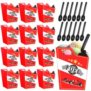 Imagem de Uiifan 12 conjuntos de tigelas de sorvete de corrida, conjunto de colheres de plástico, copos de iogurte congelados com colher, decoração de festa de carro de corrida para crianças, tema de corrida
