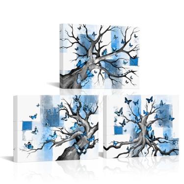 Imagem de RyounoArt Arte de parede borboleta azul e cinza pintura em tela árvore da vida banheiro quarto decoração de parede emoldurada 40,6 x 30,5 cm (azul)