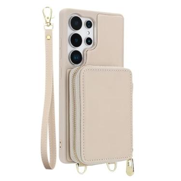 Imagem de HAOMRIYL Capa bolsa para Samsung Galaxy S25 Ultra/S25 Plus/S25, bolsa com zíper para cartão, capa de couro com suporte à prova de choque, alça de ombro, branca, S25plus