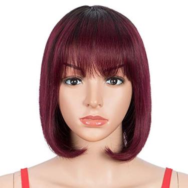 Imagem de Spotlight Peruca bob lisa de 20 cm com franja de cabelo humano 180% densidade de cabelo humano curto com franja, nenhuma peruca frontal de renda, peruca de cabelo liso brasileiro para mulheres negras
