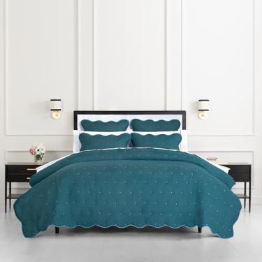 Imagem de Kate Spade New York Jogo de cama casal/queen com borda recortada, capa reversível, 100% algodão voile, roupa de cama para todas as estações, lavável na máquina, abeto azul