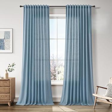 Imagem de Cortinas de linho azul de 250 cm de comprimento para o quarto, gancho de cinto, aba traseira, plissado, bolso para varão semitransparente, filtragem de luz, moderna, elegante, cortina de janela de 250