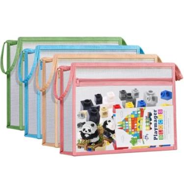 Imagem de Pacote com 4 bolsas tridimensionais de malha com zíper, bolsa de armazenamento de blocos de montar de camada dupla, bolsas de armazenamento de Lego com alça