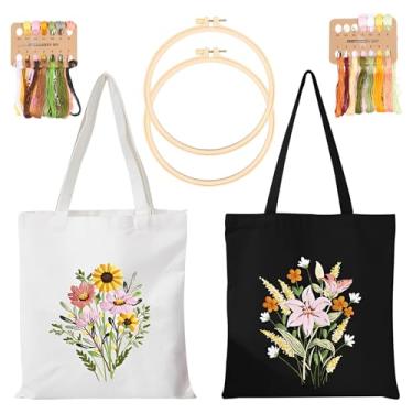 Imagem de Kit de bordado de bolsa de lona com 2 peças, kits de ponto cruz para iniciantes, artes e artesanato DIY, incluindo 2 sacolas de bordado com 2 argolas de bordado, agulha, manual de instruções e linhas