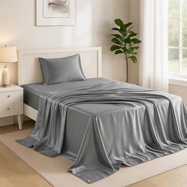 Imagem de Conjunto de lençóis de cetim solteiro Lux Decor de 3 peças – Tecido luxuoso sedoso macio 100% poliéster, lençol com elástico alto – Roupa de cama macia e respirável com fronha (cinza escuro)