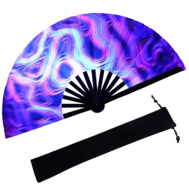 Imagem de SOFPLATE Grande ventilador de rave dobrável Clack ventilador de mão colorido pano de bambu vintage retro tecido retrô leques de mão chineses dobráveis com bolsa de veludo para festivais de dança linha