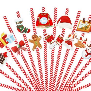 Imagem de Canudos de papel natalinos com 24 peças, canudos temáticos de Natal com padrões festivos (Santa, boneco de neve), descartáveis e biodegradáveis para festas de inverno, cacau quente e decoração sazonal