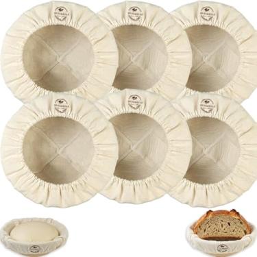 Imagem de Pano de forro de cesta de pão de algodão reutilizável: 6 pacotes de 23 cm de forro redondo pendurado com elástico para banneton, tecido lavável à mão com suprimentos de cozimento de fermento, presente