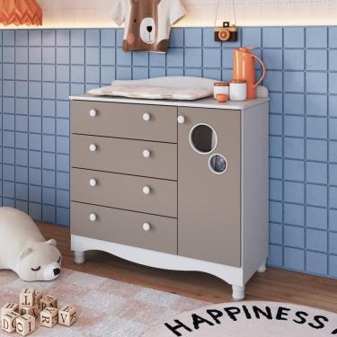 Imagem de Cômoda Infantil Organizadora 4 Gavetas Grande 1 Porta Com Prateleira E Trocador Para Quarto De Bebê Branco Com Cinnamon