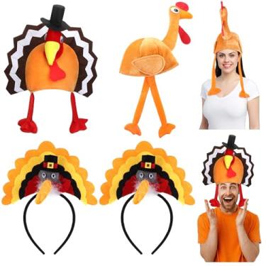 Imagem de Geyoga 4 Pack Thanksgiving Turkey Headbands Plush Thanksgiving Hats Roasted Turkey Cap Drumstick Headband with Legs Drumstick Boppers for Birthday Party Favors