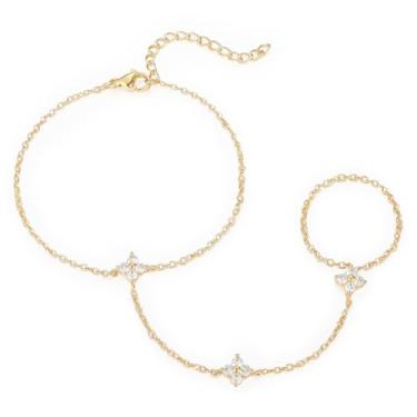 Imagem de Emibele Pulseira de corrente de mão para mulheres, corrente de mão banhada a ouro 18K com anel de dedo, pulseiras de ouro de aço inoxidável não manchadas para mulheres, joias modernas ajustáveis